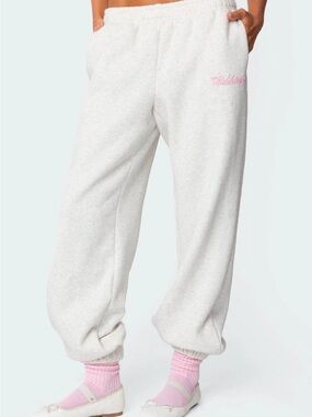 Edikted Cream Joggers with Pink Script Logo
